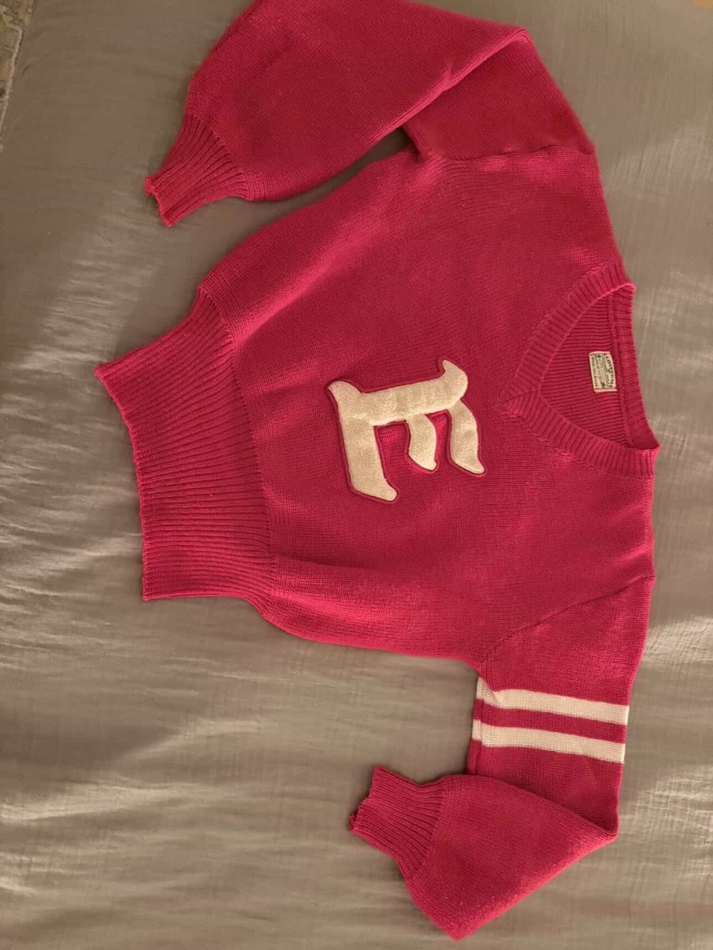 Women's Vintage Red Pullover Sweater with Cream Letter Applique